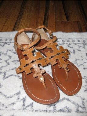 Tory Burch Tan Leather Logo T-Strap Sandals